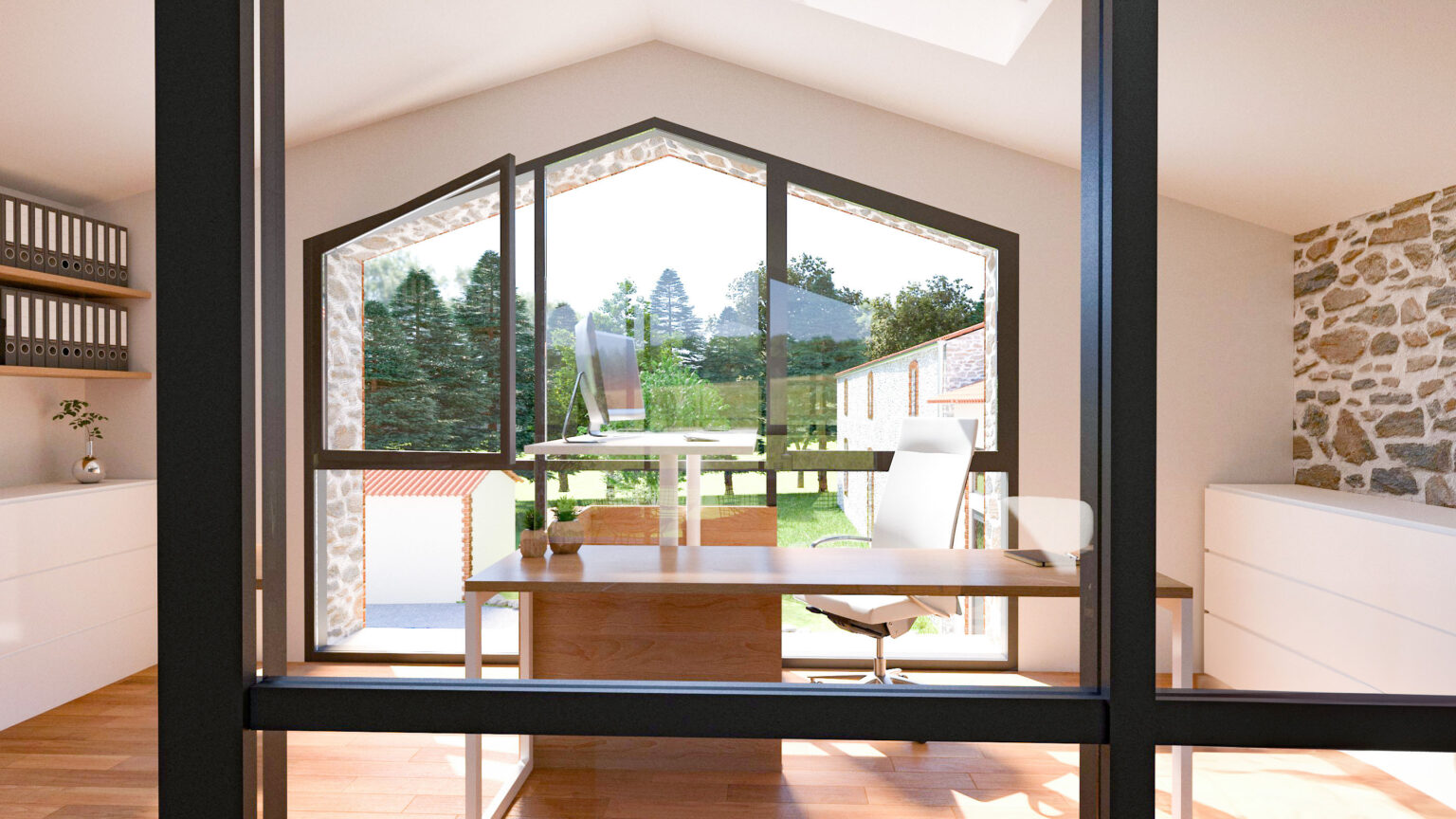 Bureau rénové par un service d'architecture avec grande fenêtre panoramique, mobilier moderne en bois et mur en pierre apparente.