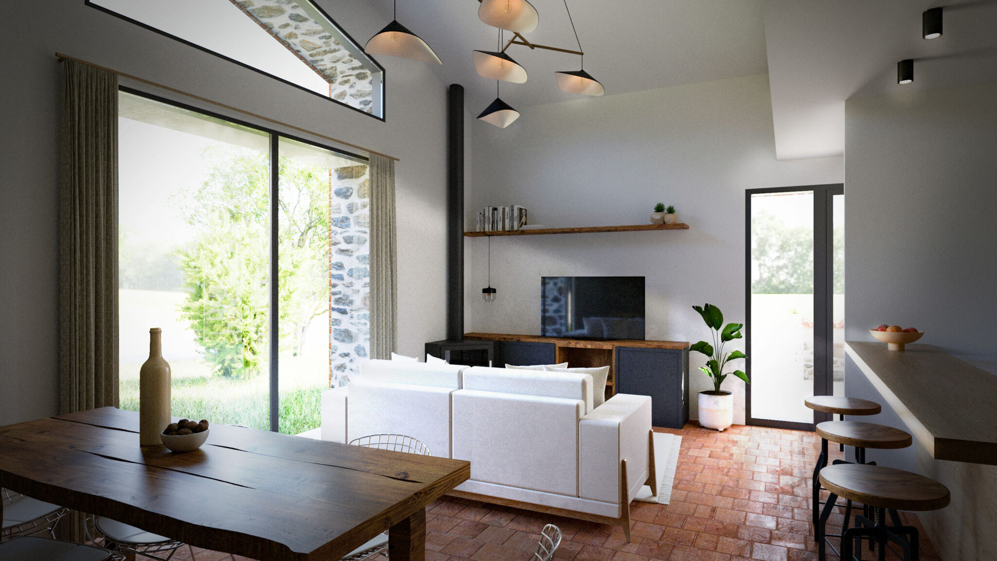 Salon moderne conçu par un service d'architecture avec vue sur jardin, canapé blanc, table en bois et décor épuré.